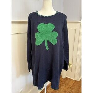 Quacker Factory Navy Blue Sweater Green Shamrock Chenille Front & Back Size 1X